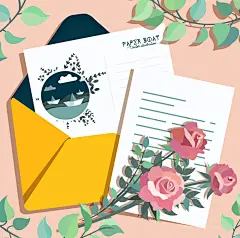 创意玫瑰花和明信片矢量素材