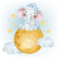 可爱大象睡梦插画骑在月亮上