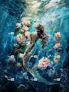 Ai产生的 美人鱼 水下 闪闪发光的鳞片 半透明鳍 海上生活 鱼