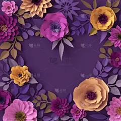 3d渲染，彩色纸花，心形贺卡，浪漫墙纸，玫瑰，大丽花，牡丹，叶子，紫黄粉，植物元素在紫罗兰背景，装饰