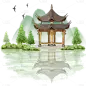 水彩手绘园林亭台楼阁插画