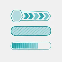 手绘风格的进度条设计，包含三个不同样式的水平进度条，均以淡青色为主色调，搭配从深到浅的渐变效果。最上方的进度条为六边形端点，内部填充由多个箭头形状组成的图案；中间的进度条为矩形圆角设计，内部是平行斜线条纹；最下方的进度条同样为矩形圆角，内部是均匀排列的竖条。所有进度条都有清晰的手绘轮廓线，线条略带手工绘制的自然质感，整体画面简洁明快，背景为纯白色，呈现出清新、简约的视觉效果。