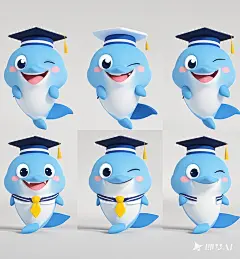 图片主体：可爱搞怪的动漫版【海豚】，面部特征，上半身或全身。没有脚，有一条尾巴，戴着学士帽字，情绪：各种夸张的表情和动作，包括：开心、大笑、惊讶、思考，等。 风格：3D渲染，白色和蓝色主色调。 画质：