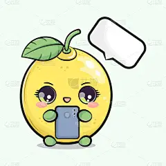 带着智能手机的柠檬水果真有趣。矢量手绘卡通人物插图图标.被绿色背景隔离。快乐柠檬角色的概念