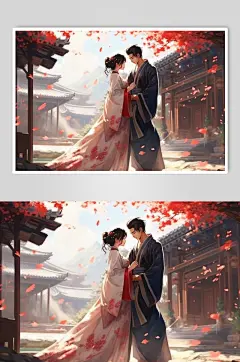 AI数字艺术国风汉服情侣七夕牛郎织女插画