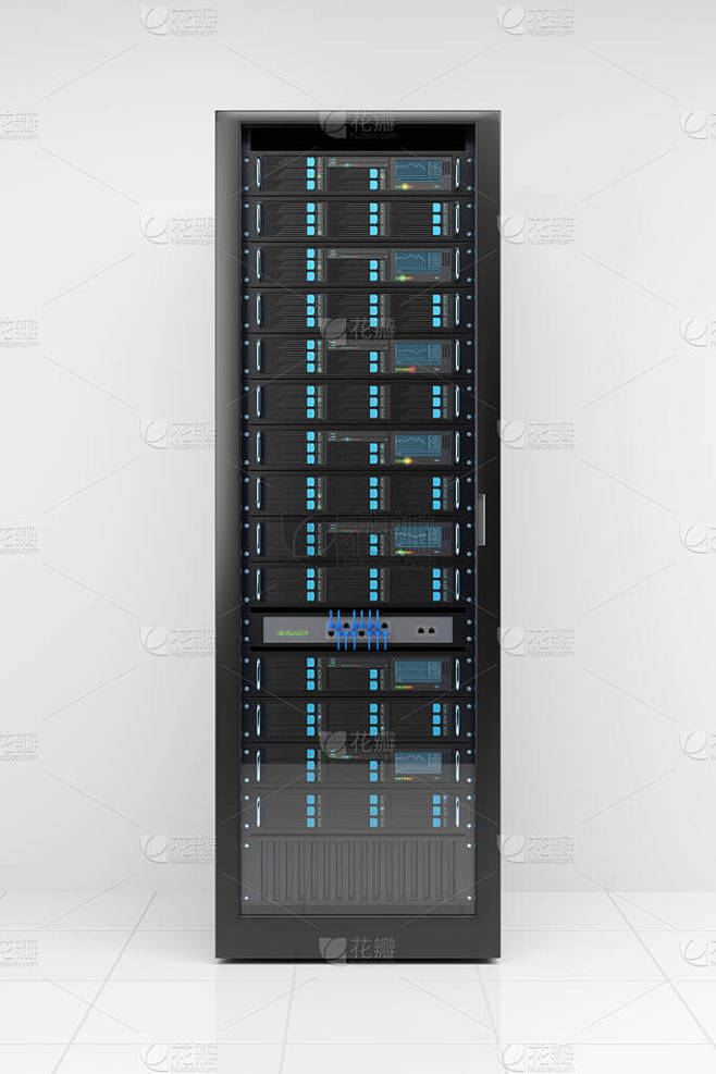 白色背景上的计算机服务器机架。3d说明.
