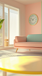 a 3d render of a pastel bright shade vintage retro living room interior, vibrant, monotone, bright ambiance, in foreground table in focus, minimal and clean