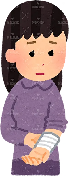 wristcut_woman一位表情悲伤的女人的插图，她的手腕上缠着被割伤的绷带贴纸扁平儿童插画元素卡通免扣png图片素材