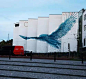 【Del East 在瑞典】艺术家Dal East和Pichi & Avo组合一样参加了在瑞典布罗斯镇的小型艺术节，他在一所纺织大学的现代高层建筑正面画上了一只展翅高飞的蓝色大鸟，吸引到了观众们的视线。