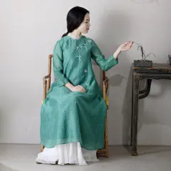 2018年新品 禅意长袍长裙 设计师原创手绘中式旗袍裙丝麻连衣裙-淘宝网
