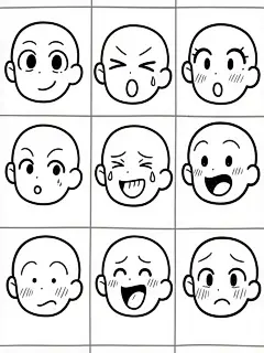 一张包含九个不同夸张表情卡通人物头部的线稿集，每个头部都是简洁的圆形或椭圆形轮廓，搭配或大或小的耳朵，面部用流畅、快速、略带潦草感的黑色线条勾勒出眼睛（有圆形、椭圆形、眯起等多种形态）、眉毛、鼻子和嘴巴，表现出开心大笑、流泪、惊讶、调皮吐舌、痛苦、得意等丰富情绪，部分面部还点缀有简单的汗珠线条。所有头部以三行三列的网格状整齐排列在纯白色纯色背景上，整体风格是典型的日式动漫草图风格，线条具有手绘的自然感和动态感，没有任何多余细节和颜色填充。