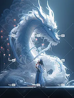 青花瓷龙前站着一位中国小美女，锡箔金，身穿华丽汉服，锡箔金白