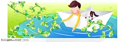 可爱儿童插画之水塘里和小狗划着纸船的男孩