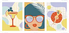 一套夏季插图。鸡尾酒/戴墨镜的年轻女人/在游泳池里吃充气甜甜圈的女人。矢量插图。