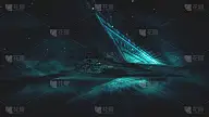 未来主义幻想的夜晚景观与抽象的景观和岛屿，光三角形，辉光，霓虹灯。黑暗的自然场景与光反射在水中。霓虹