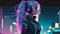 General 4579x2616 AI art illustration women city cyberpunk night profile ponytail headphones fantasy art fantasy girl long hair two tone hair