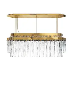The myth is shaped into a luxury lighting suspension and present in every handmade crystal glass. The rectangular gold plated brass levels conceive an exclusive pattern of lighting refraction and create fantastical shades on their surroundings. Designed t