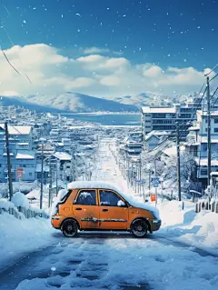 在雪中汽车动态城市海报