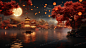 中秋节河面月亮倒影宁静唯美场景插画