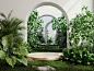 wooden-podium-tropical-forest-product-presentation-is-white-walkway-arch