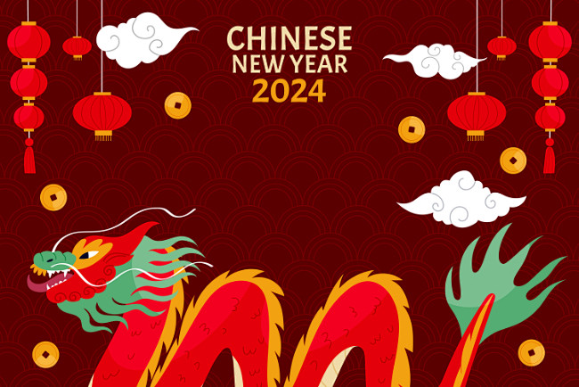 扁平卡通2024新年春节龙年插画活动宣传...