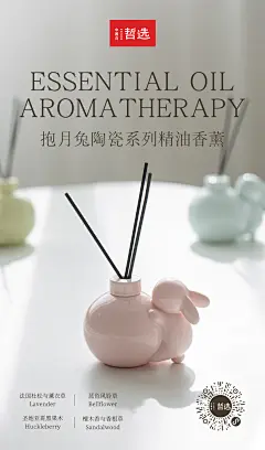 整个系列以小兔怀抱月亮的陶瓷瓶身贯穿，内置天然植萃的香氛精油，让身心坠入属于气味王国的静谧空间。