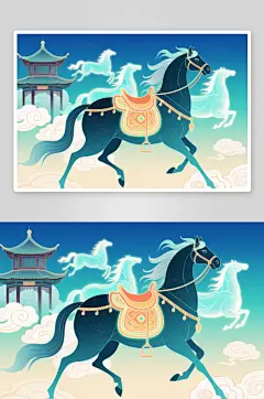 2026年彩色马年渐变扁平风国风插画