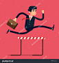 Vector modern flat concept presentation character design element on businessman in suit with briefcase jumping over hurdle obstacle