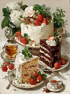 复古插画 | 草莓蛋糕与茶 - 小红书