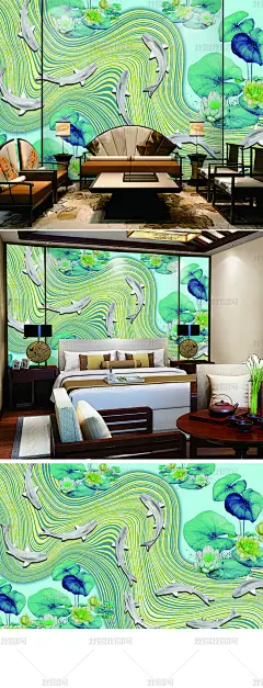 新中式绿色荷塘鲤鱼
