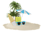 夏季沙滩太阳伞躺椅椰子树太阳镜创意合成_PNG免抠：