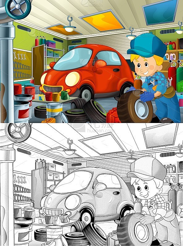 卡通场景与素描修理工在一些车库修理汽车或清理工作场所-插图