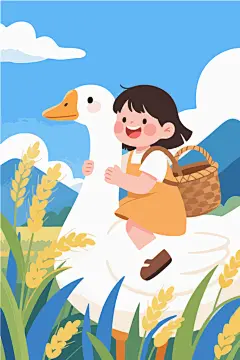 卡通骑着大白鹅的小女孩