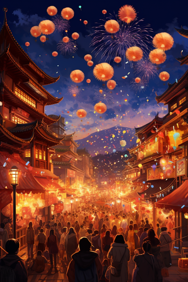 新年快乐新年元旦烟花盛典人群插画