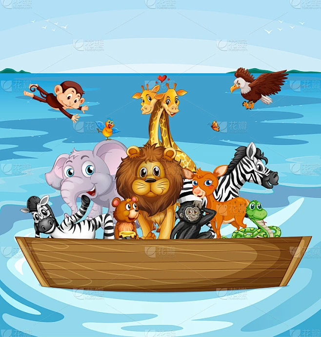 Many cute animals rowing boat素材-花瓣网