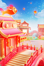 春节元宵节3D立体汤圆小铺中国风建筑拱桥鲤鱼场景