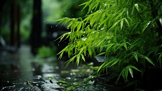 【AI数字艺术】雨中竹林竹叶特写,二十四节气雨水谷雨图片下载