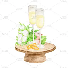 水彩画结婚物品图解。手绘香槟酒杯、金戒指和带有牡丹花和绿叶的新娘花束。基于白人背景的婚姻设计