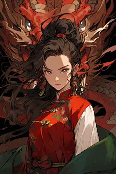 水墨古装红衣少女古风女孩和龙插画