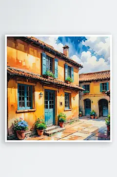 手绘油画老房子四合院儿童插画-众图网