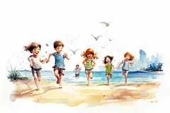 学生放暑假结伴漫画风插画