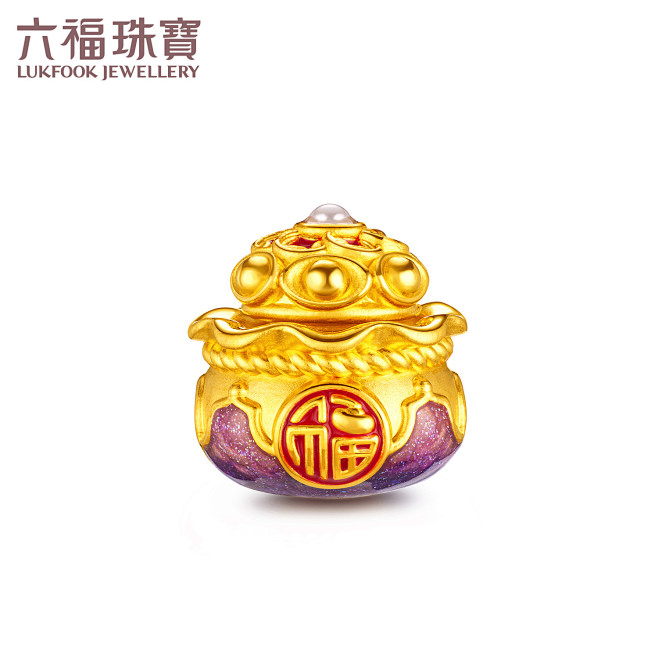 六福珠宝聚宝盆黄金转运珠女珍珠珐琅工艺福...