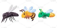 蚊子蜂和萤火虫矢量绘图图片集昆虫卡通风格人物