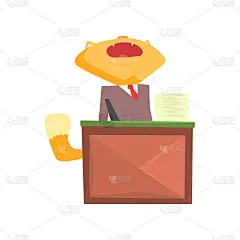 滑稽的商人狐狸穿着西装坐在办公桌旁打哈欠，可爱的动物人物卡通矢量插画