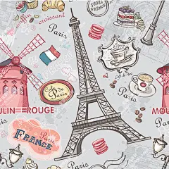 矢量素材源文件复古线稿卡通可爱手绘插画浪漫英伦巴黎铁塔背景-淘宝网