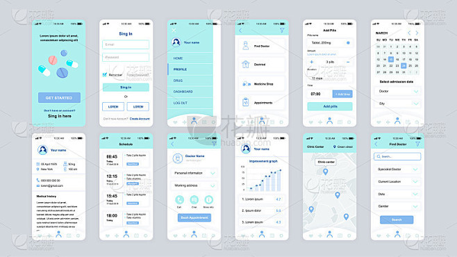 一套UI, UX, GUI屏幕医学应用平面设计模板的移动应用