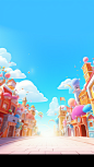 abstract background with colorful buildings in the sky, in the style of immersive environments, cute and dreamy, candycore, light bronze and sky-blue, fantastical street, 32k uhd, charming character illustrations