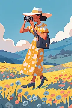 卡通小女孩五一劳动节户外旅游插画