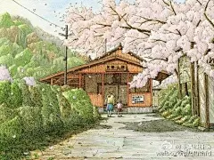 松本忠——日本铁道画家。通过旅行，将沿途风景定格在插画中。作品集“铁道油漆插画” 清新自然，展现出日本福岛县沿铁路的美丽景色；列车之旅，沿途不经意的风景，樱花飞舞的无人车站，塑造出节奏强烈的风景线。#求是爱设计#