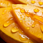 Image: Juicy Mango Slices, Descriptive Keywords: tropical, vibrant, refreshment, sweet, exotic, Camera Type: DSLR, Time of Day: Morning, Style of Photograph: Close-up with droplets, Type of Film: Digital